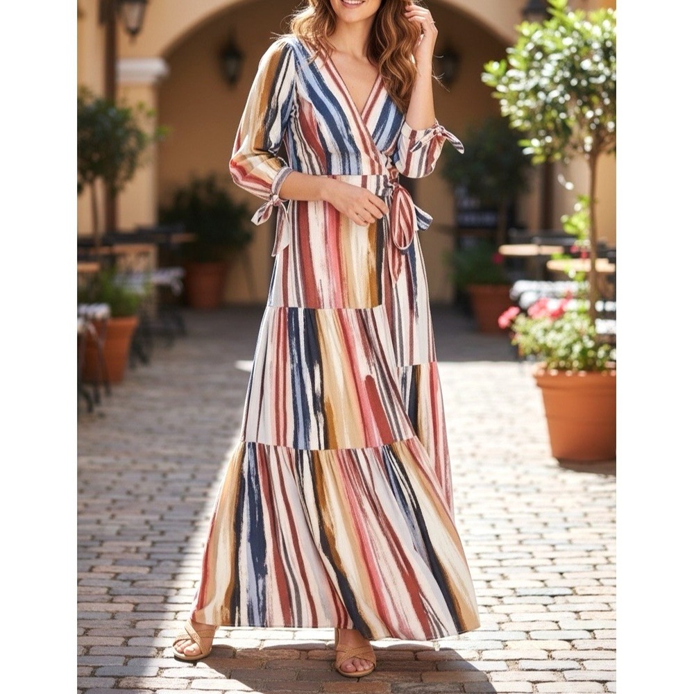 Skies Are Blue Maxi Tiered Wrap Dress Sz M Colorful Paintbrush Surplice V-Neck